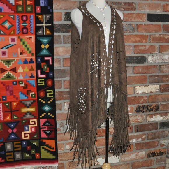 Brown Boho Faux Suede Laser Cut Hippie Fringe Vest Waistcoat Festival Unisex O/S - Picture 1 of 9